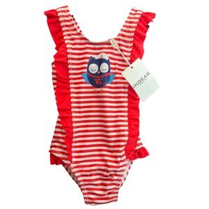 Ingear Swim One Piece Kids 12M Red Striped Ruffle Owl Sailor Nautical Swimsuit
